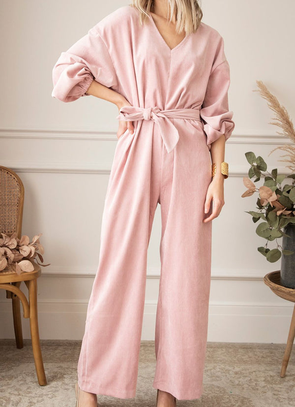 V-Neck Balloon Sleeve Wide Leg Jumpsuit