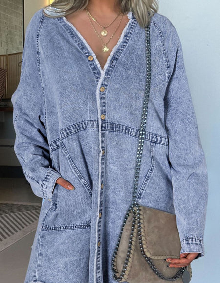 Raw Hem Button Down Long Sleeve Denim Dress