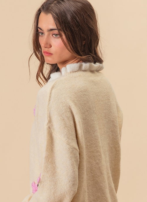 Load image into Gallery viewer, BiBi Ruffled Crochet Flower Dropped Shoulder Sweater
