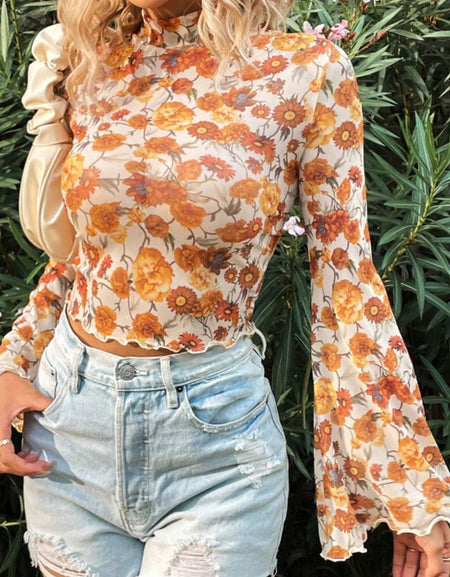 Printed Mock Neck Flare Sleeve Top