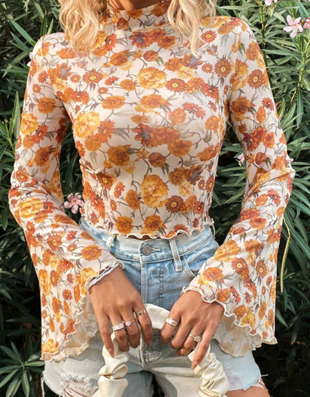 Printed Mock Neck Flare Sleeve Top