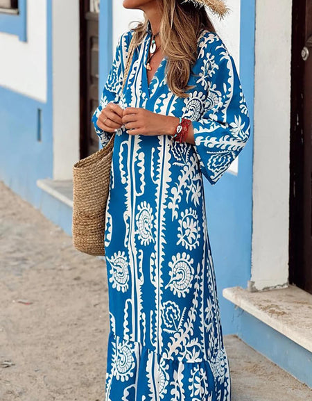 Printed Notched Half Sleeve Maxi Dress