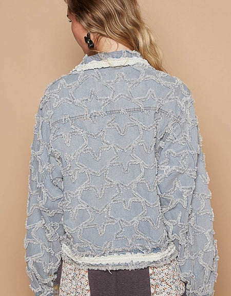 POL Star Textured Raw Hem Long Sleeve Denim Jacket