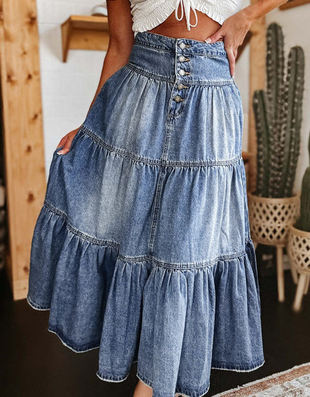 Tiered Button-Fly Denim Skirt