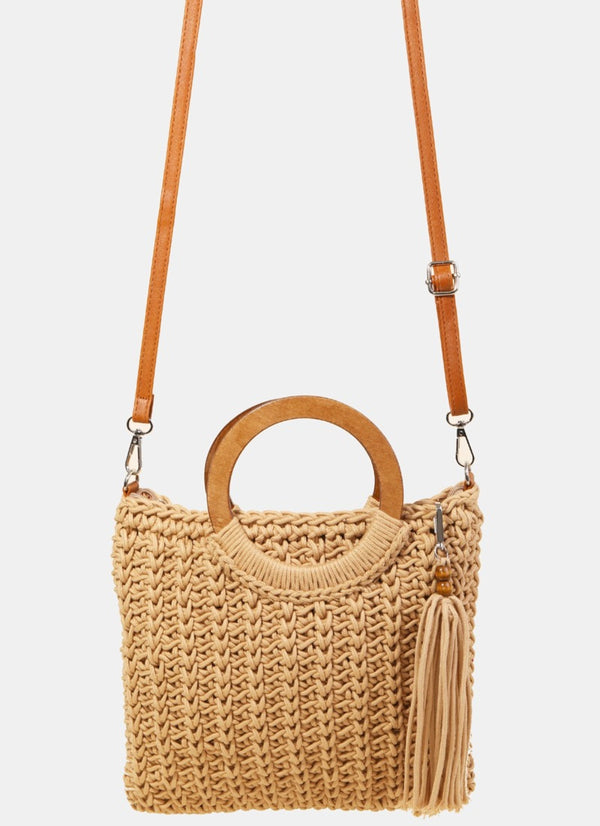 Fame Crochet Knit Convertible Tote Bag with Tassel