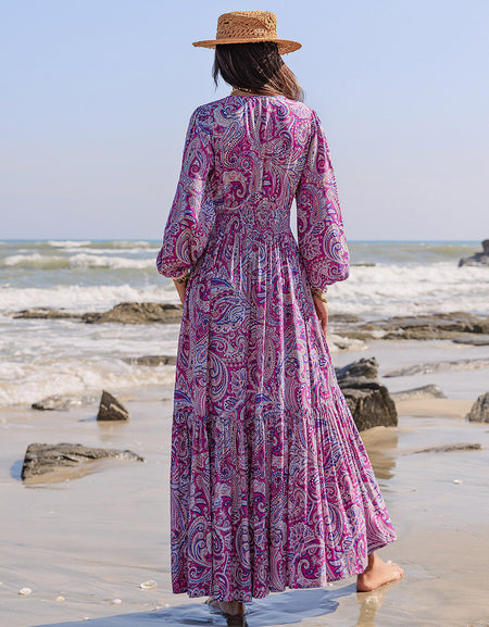 Printed Tie Neck Balloon Sleeve Maxi Dress