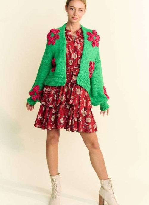 Load image into Gallery viewer, Davi &amp; Dani Floral Applique Open Front Drop Shoulder Cardigan
