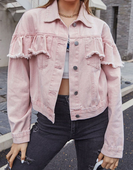 Ruffled Collared Neck Long Sleeve Denim Top