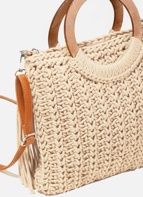 Fame Crochet Knit Convertible Tote Bag with Tassel