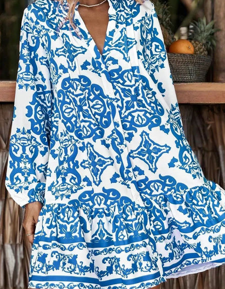 Ruffled Printed Notched Long Sleeve Dress