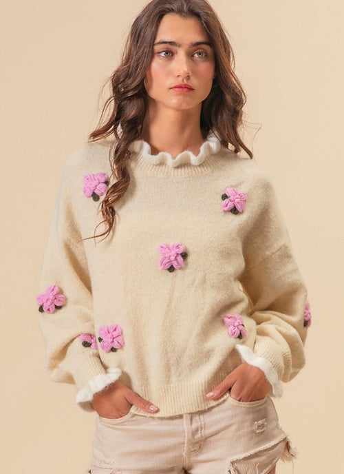 Load image into Gallery viewer, BiBi Ruffled Crochet Flower Dropped Shoulder Sweater
