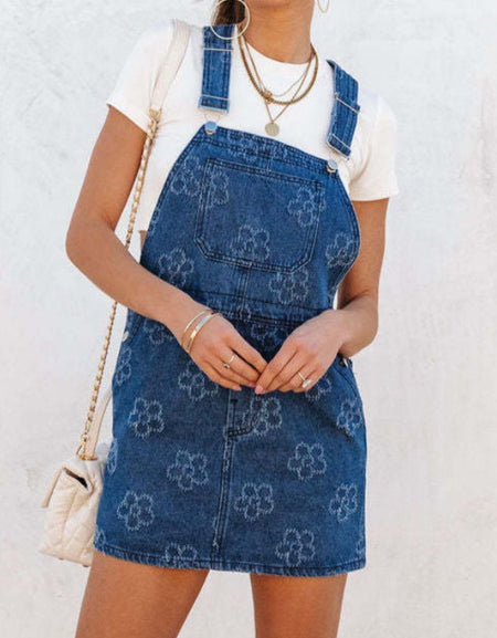 Flower Wide Strap Denim Overall Dress with Pockets