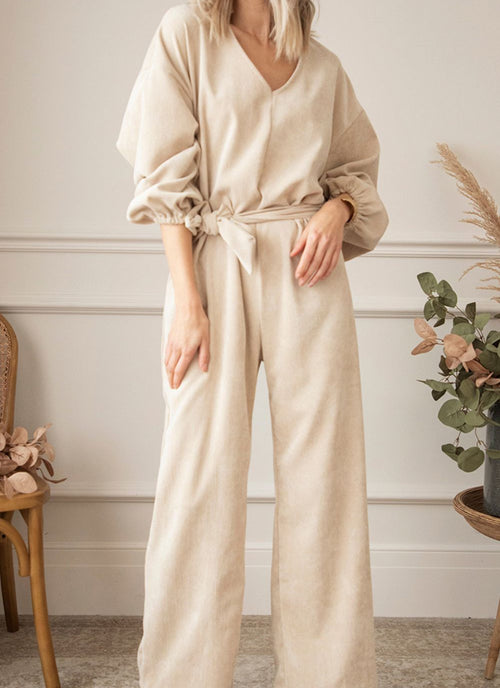 Load image into Gallery viewer, V-Neck Balloon Sleeve Wide Leg Jumpsuit
