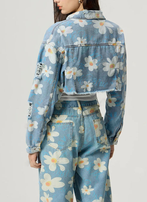 Load image into Gallery viewer, Distressed Raw Hem Floral Collared Neck Denim Top
