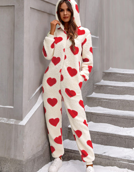 Fuzzy Heart Zip Up Hooded Lounge Jumpsuit