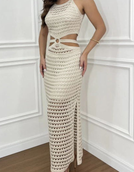 Cutout Slit Round Neck Sweater Dress