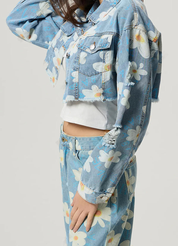 Distressed Raw Hem Floral Collared Neck Denim Top