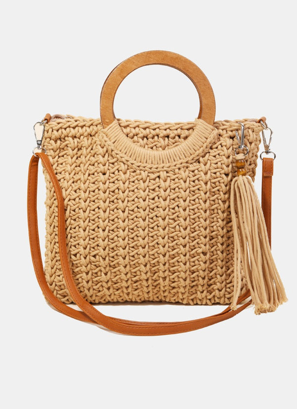 Fame Crochet Knit Convertible Tote Bag with Tassel