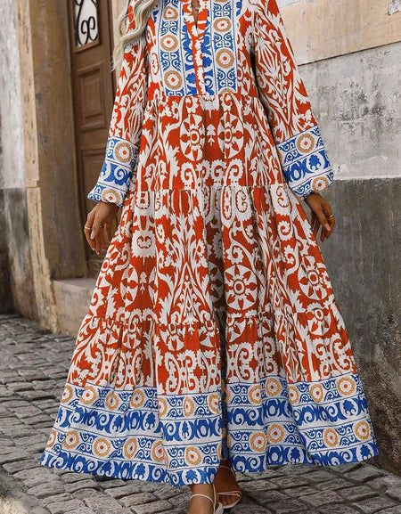 Printed Notched Long Sleeve Maxi Dress