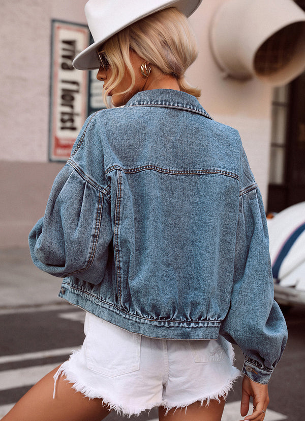 Collared Neck Dropped Shoulder Denim Top