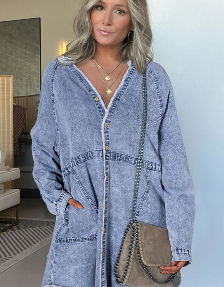 Raw Hem Button Down Long Sleeve Denim Dress