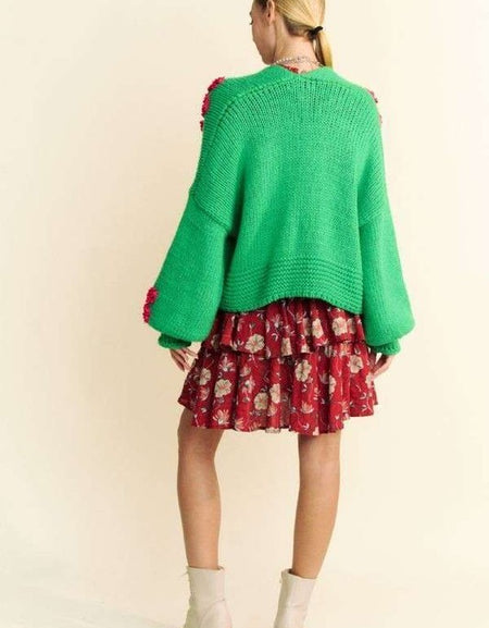 Davi & Dani Floral Applique Open Front Drop Shoulder Cardigan