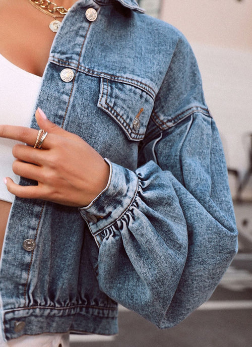 Load image into Gallery viewer, Collared Neck Dropped Shoulder Denim Top
