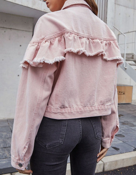 Ruffled Collared Neck Long Sleeve Denim Top