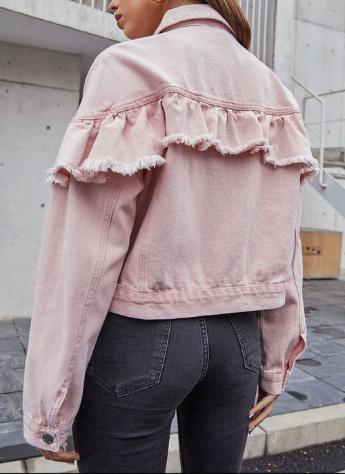 Load image into Gallery viewer, Ruffled Collared Neck Long Sleeve Denim Top
