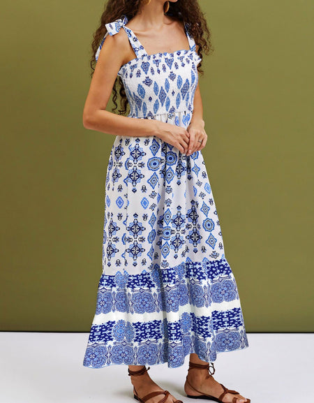 Smocked Printed Square Neck Cami Dress