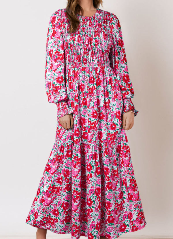Printed Round Neck Lantern Sleeve Maxi Dress