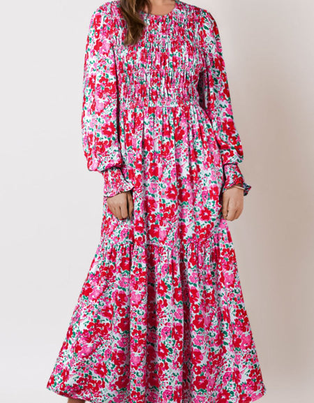 Printed Round Neck Lantern Sleeve Maxi Dress