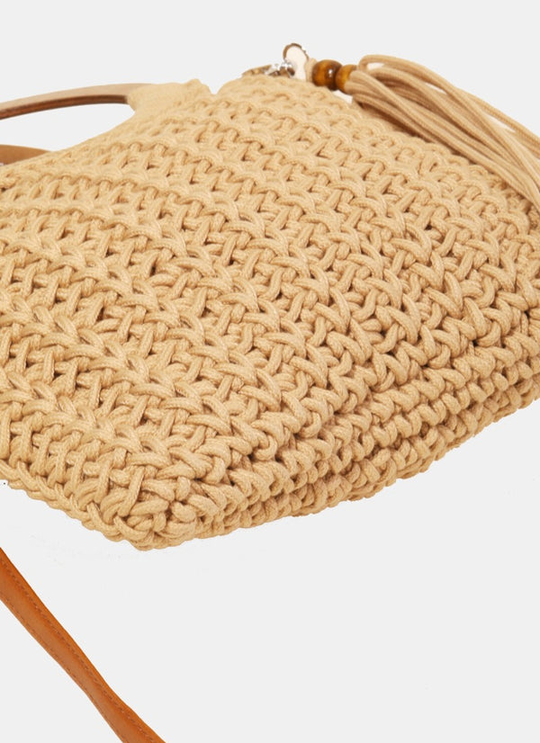 Fame Crochet Knit Convertible Tote Bag with Tassel