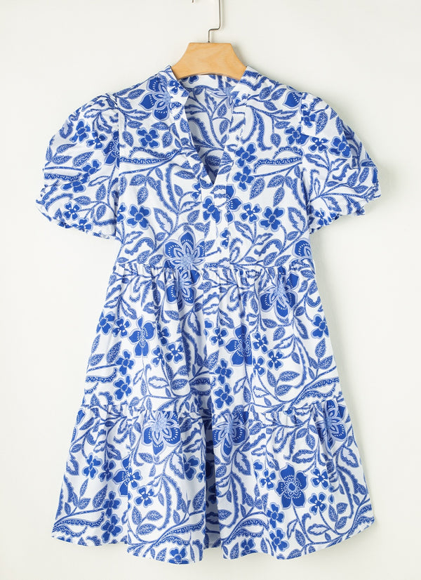 Printed Notched Puff Sleeve Dress
