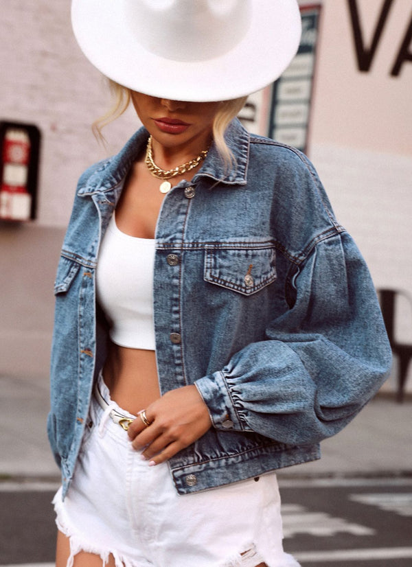 Collared Neck Dropped Shoulder Denim Top