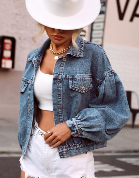 Collared Neck Dropped Shoulder Denim Top