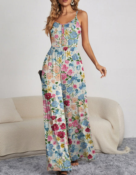 FAM-FAM Decorative Button Spaghetti Strap Wide Leg Jumpsuit