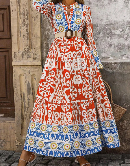 Printed Notched Long Sleeve Maxi Dress