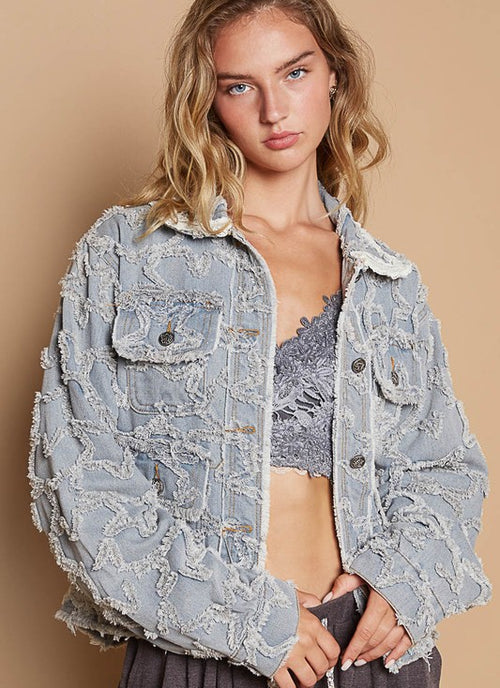 Load image into Gallery viewer, POL Star Textured Raw Hem Long Sleeve Denim Jacket
