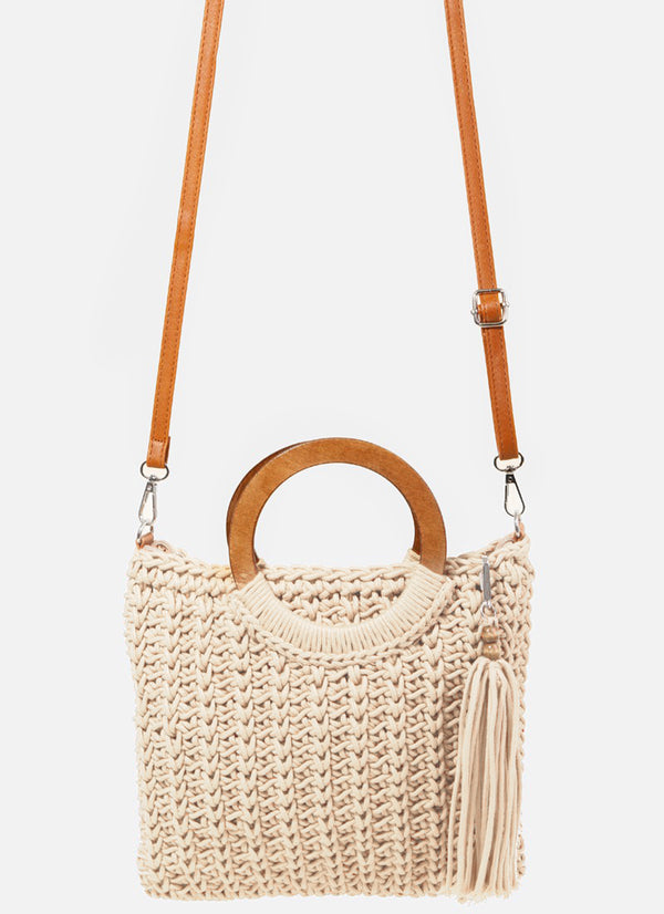 Fame Crochet Knit Convertible Tote Bag with Tassel