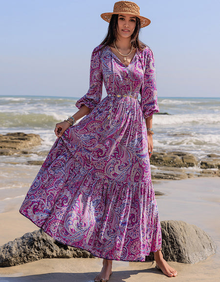 Printed Tie Neck Balloon Sleeve Maxi Dress