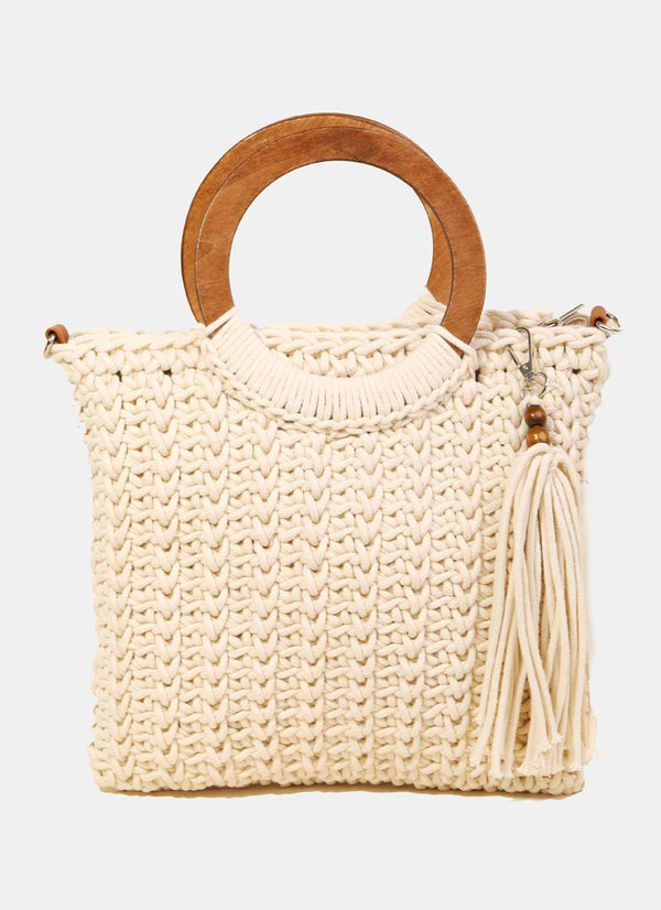 Fame Crochet Knit Convertible Tote Bag with Tassel