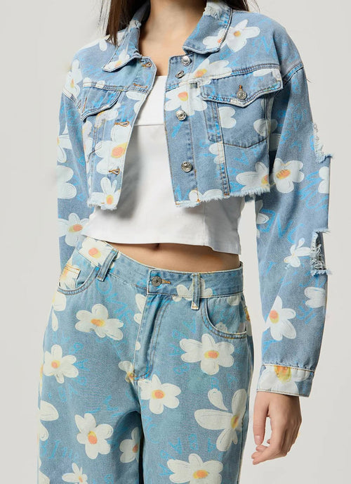 Load image into Gallery viewer, Distressed Raw Hem Floral Collared Neck Denim Top
