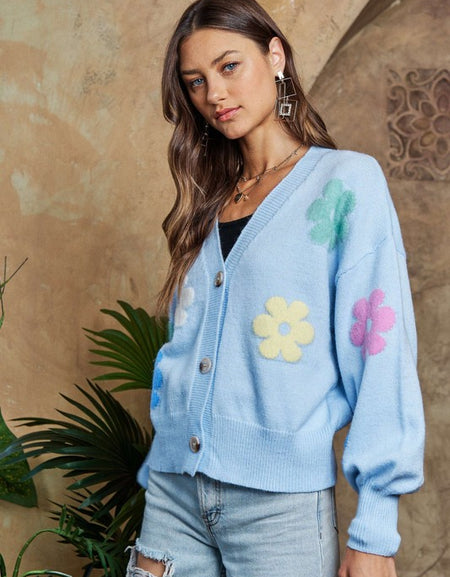 ADORA Flower Button Down Lantern Sleeve Cardigan