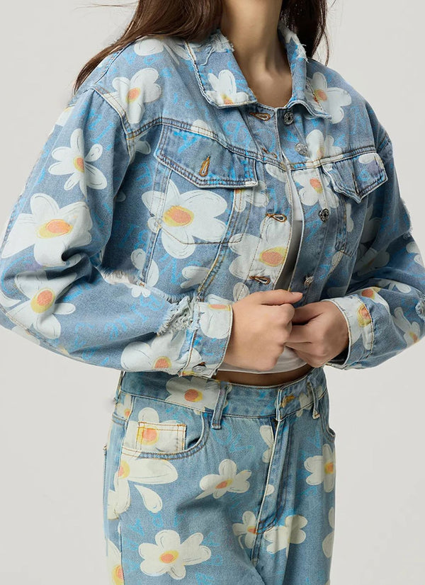 Distressed Raw Hem Floral Collared Neck Denim Top