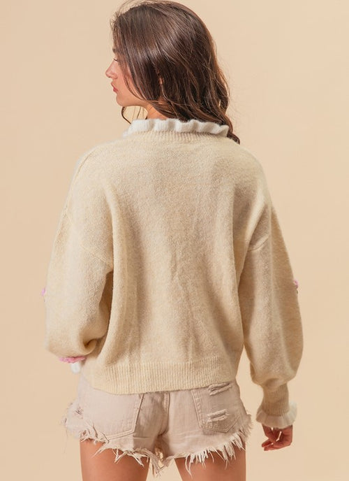 Load image into Gallery viewer, BiBi Ruffled Crochet Flower Dropped Shoulder Sweater
