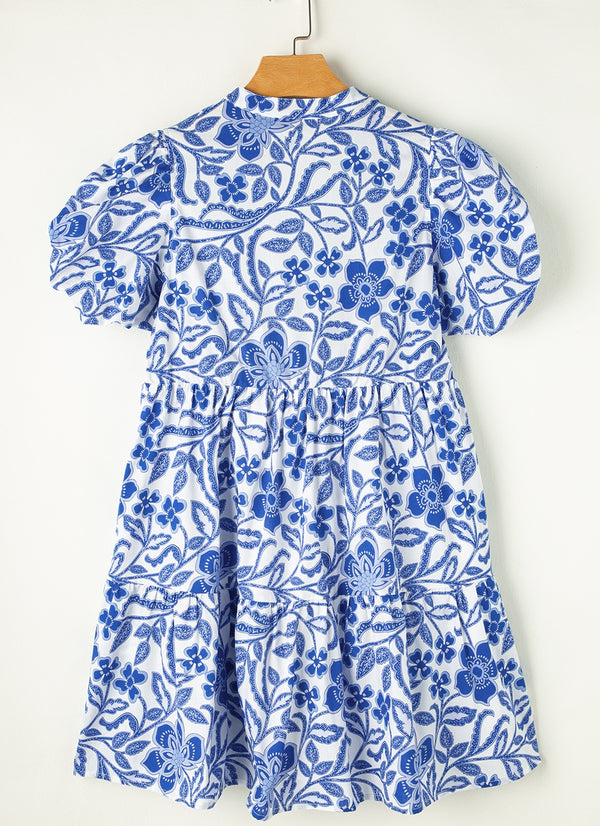 Printed Notched Puff Sleeve Dress