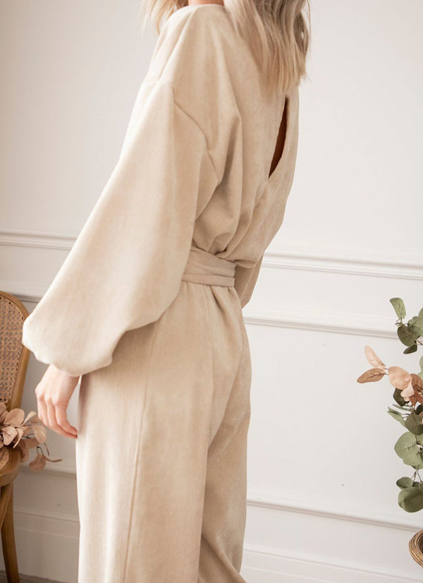 V-Neck Balloon Sleeve Wide Leg Jumpsuit