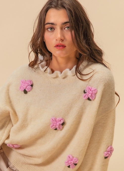 Load image into Gallery viewer, BiBi Ruffled Crochet Flower Dropped Shoulder Sweater
