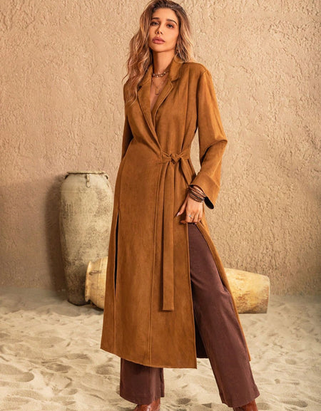 Slit Tied Collared Neck Longline Coat